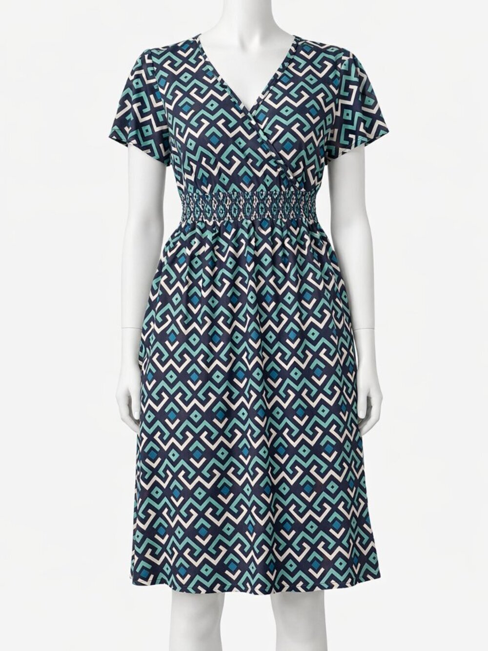 BloomChic Teal Geometric Smocked Waist Midi Dress